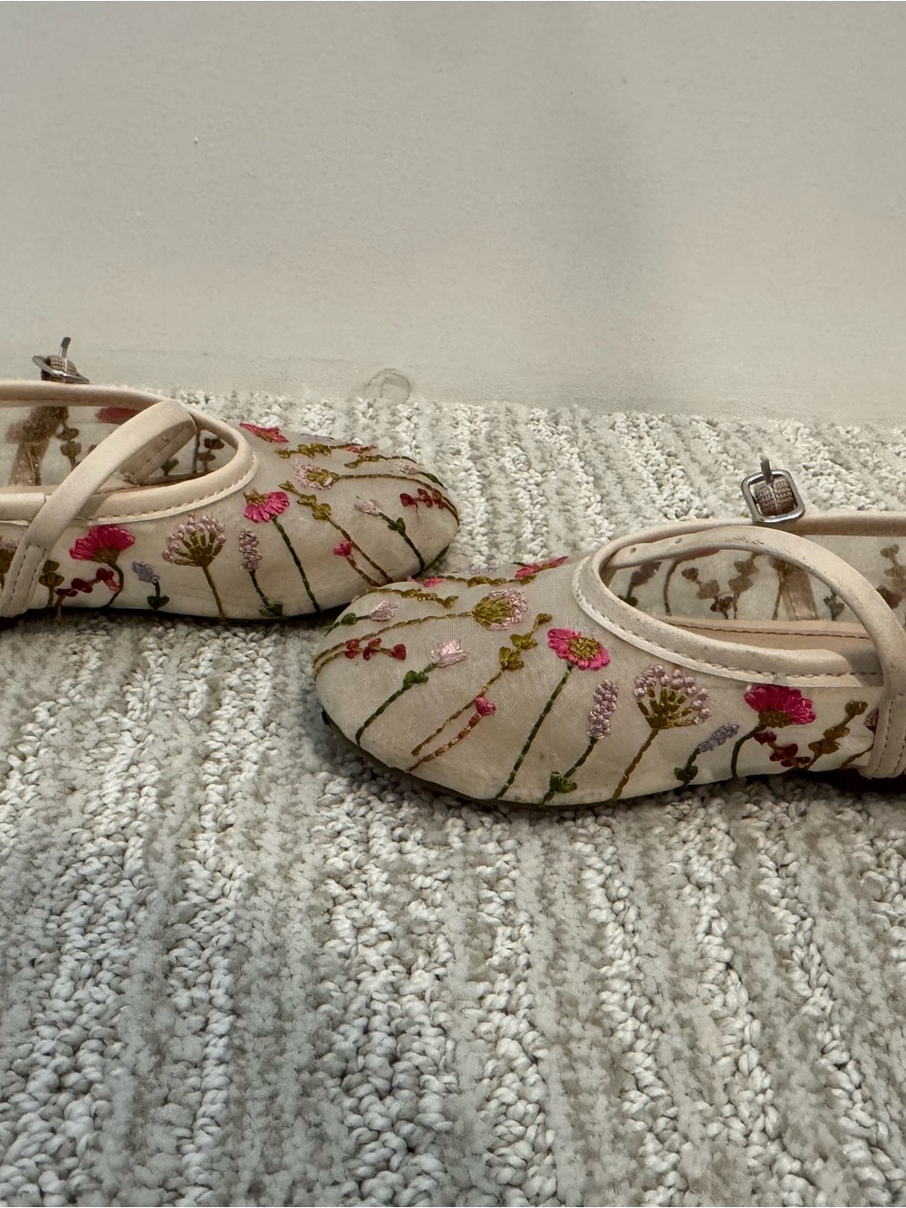 Zara Cream Mary Jane Flats with Pink and Green Floral Embroidery